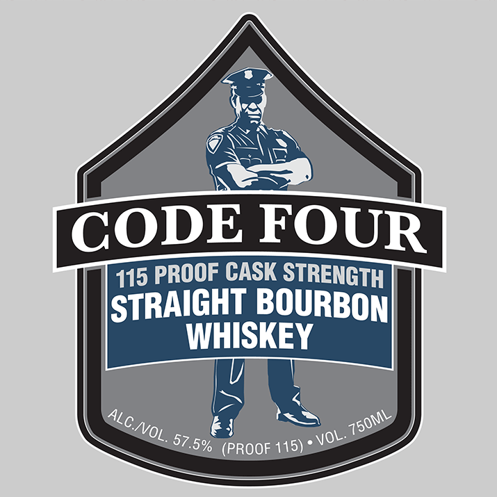 front label of the code four 115 proof cask strength straight bourbon whiskey with police officer standing behind name on chevron shape frame, dedicated to law enforcement