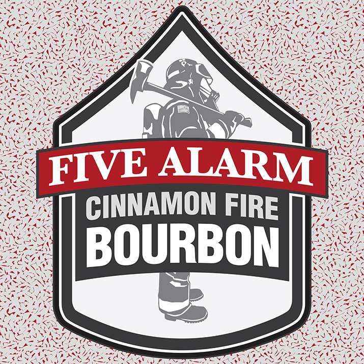 front label of the five alarm cinnamon fire bourbon whiskey with firefighter standing behind name on chevron shape frame, dedicated to first responders and firefighters