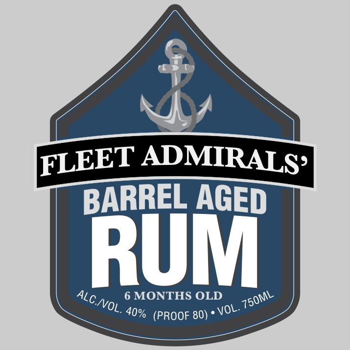front label of the Fleet Admirals' Barrel Aged Rum with a ship's anchor and rope above the name on chevron shape frame, dedicated to the only five men of the US Navy to be ranked as Fleet Admirals