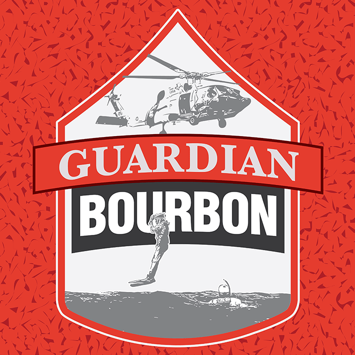 front label of the Guardian Bourbon with a Sikorsky helicopter above the name, and search and rescue divers below the name on chevron shape frame, dedicated to the US Coast Guard