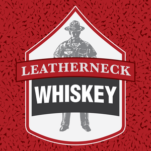 Image of the front label of bottle shown up close for details. Inside a chevron shape there is an illustration of a U.S.M.C. Drill Instructor sits behind the words “Leatherneck Rye Whiskey”.