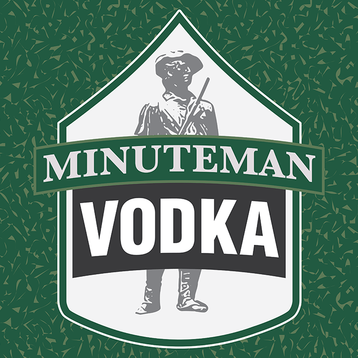front label of the Minuteman Vodka with a illustration of a US Revolutionary soldier behind the name on chevron shape frame, dedicated to the the US Army
