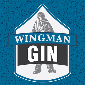 front label of the Wingman Gin with a illustration of world war two US fighter pilot behind the name on chevron shape frame, dedicated to the the US Air Force