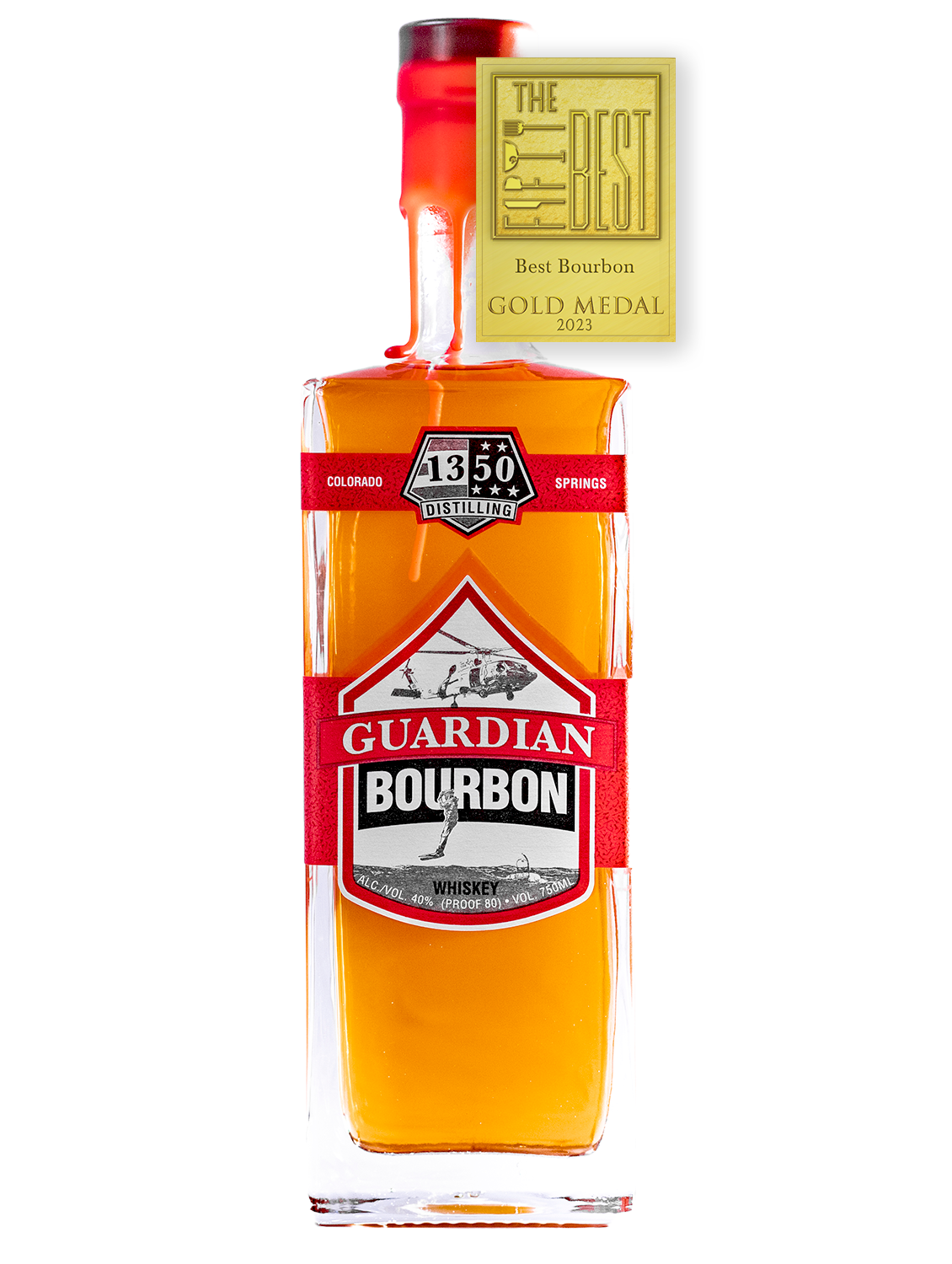 Gold Medal for The Fifty Best Bourbon of 2023 sits over a rectangular tall bottle with two U.S. Coast Guard orange labels spanning across all sides of the bottle with a white background. Hand-dipped U.S. Coast Guard orange wax drapes over the cork and neck of the bottle. An illustration of a U.S.C.G. Sikorsky helicopter with a search and rescue diver jumping into water is behind the words “Guardian Bourbon”. The 1350 Distilling logo is centered at the top label.